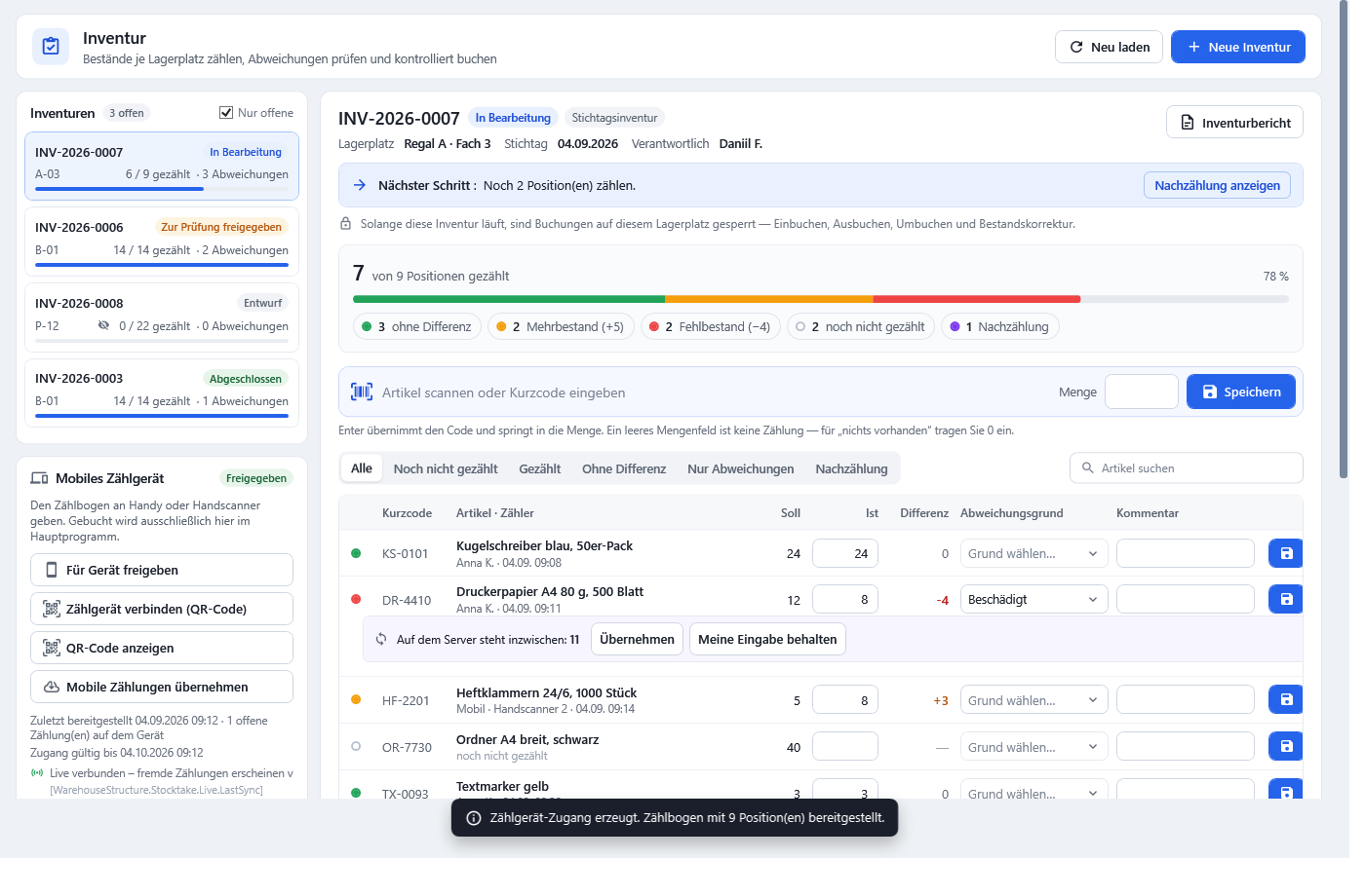 Inventur-Arbeitsansicht in OfficeOmni: Liste der Inventuren, Kopf mit Inventurnummer und Stichtag, Fortschrittsbalken, Scanleiste und Zählliste mit Soll, Ist und Abweichungsgrund