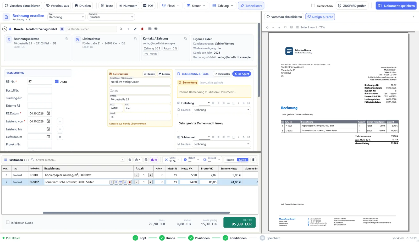 Rechnungsmaske in OfficeOmni mit Kunde, Positionen und Vorschau, in der Strg+K das Befehlsfenster öffnet