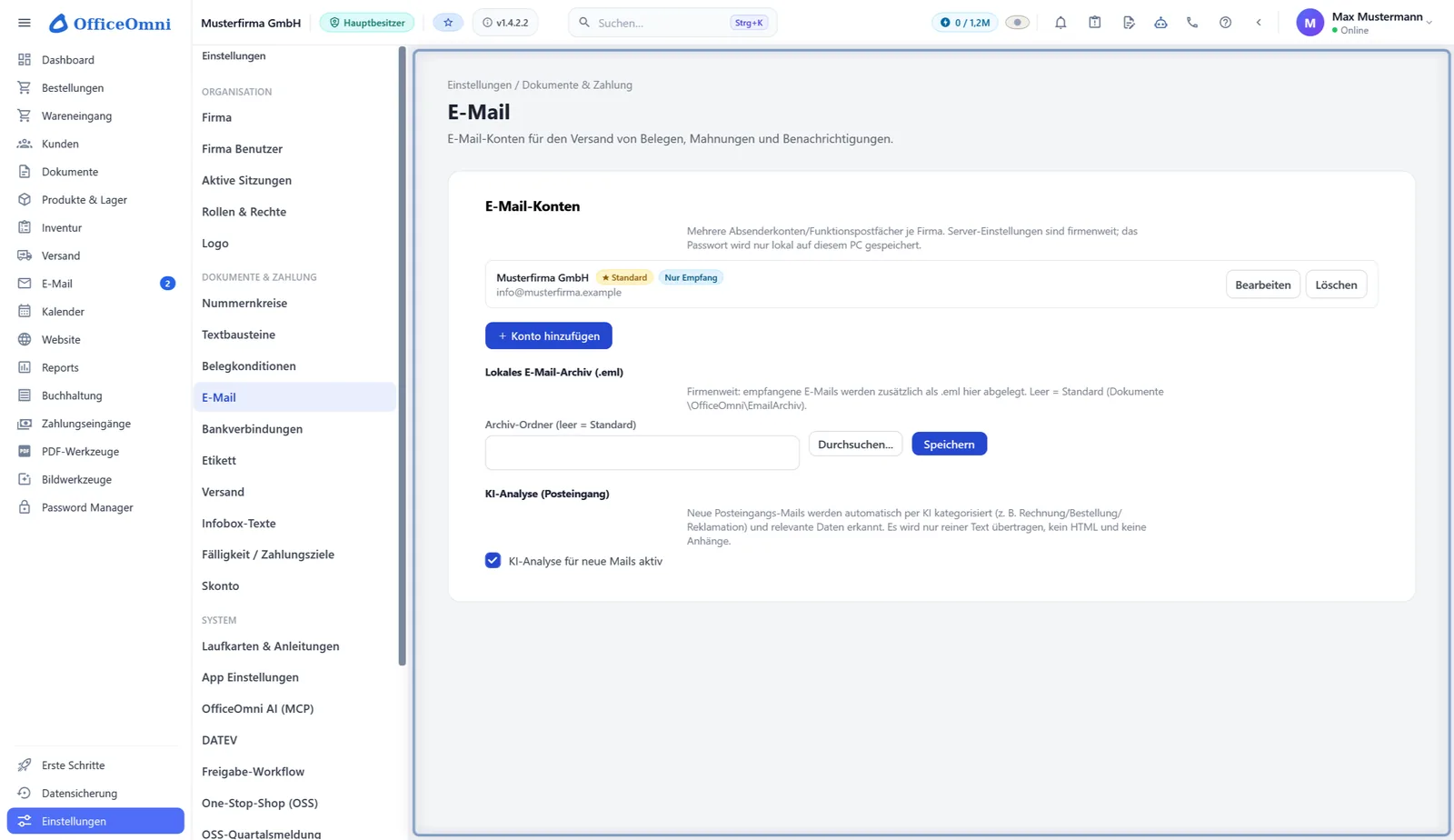Einstellungen von OfficeOmni im Bereich E-Mail mit dem Abschnitt „KI-Analyse (Posteingang)“ und dem Haken für neue Mails