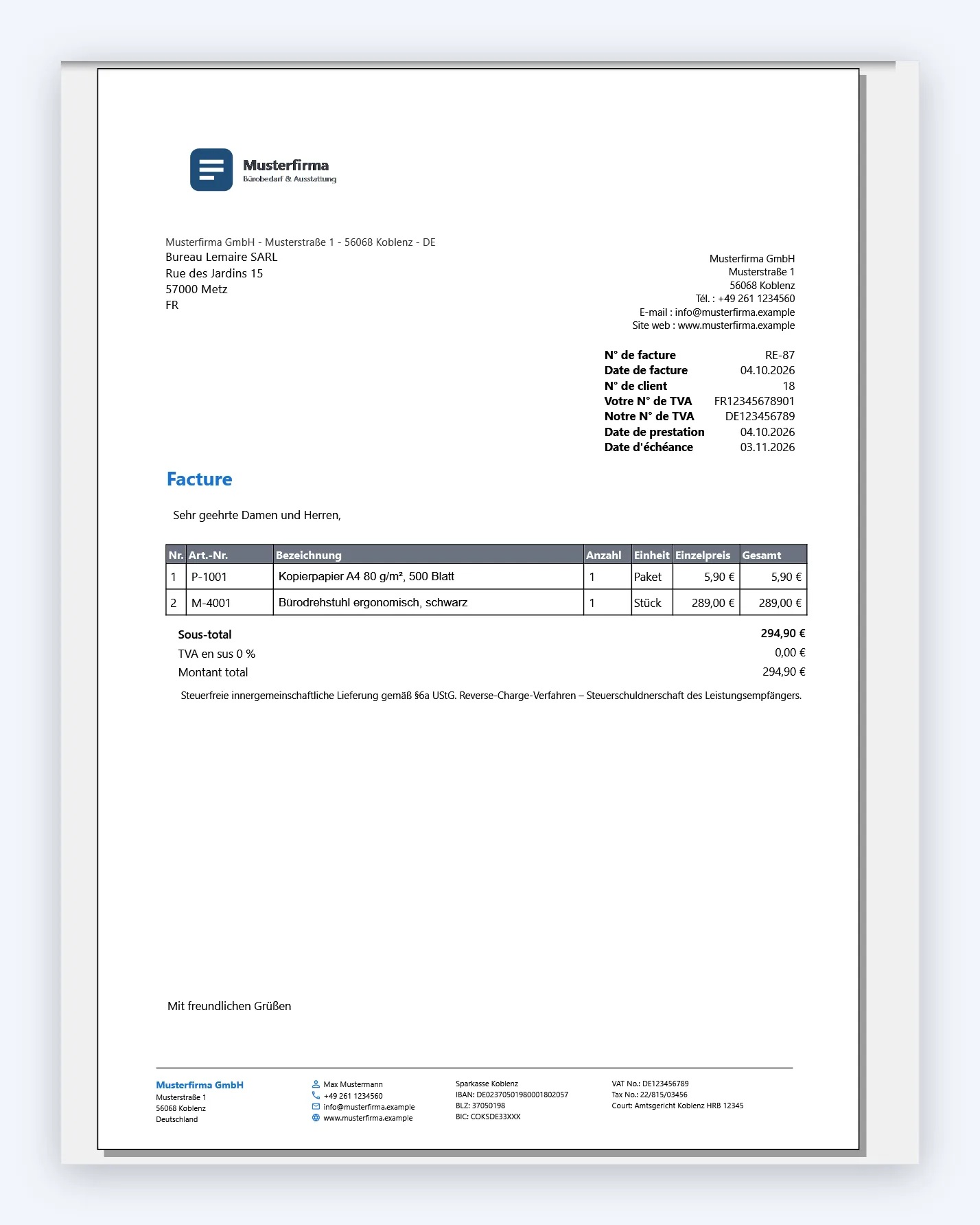 Vorschau einer Rechnung in OfficeOmni mit französischen Beschriftungen für Nummer, Datum und Summen