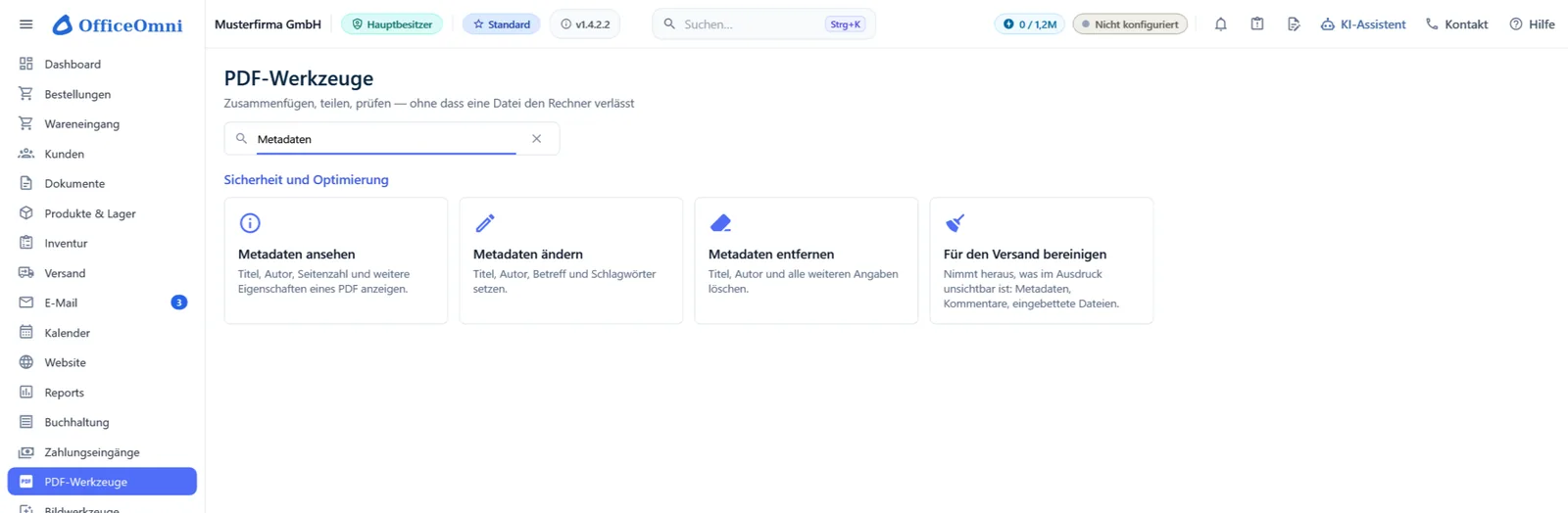 PDF-Werkzeuge in OfficeOmni mit dem Suchbegriff Metadaten: Kacheln für Metadaten ansehen, ändern, entfernen und für den Versand bereinigen