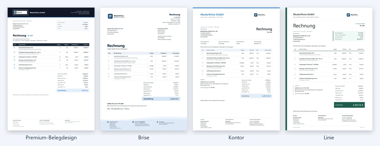 Dieselbe Rechnung als Premium-Belegdesign, Brise, Kontor und Linie nebeneinander, gedruckt von OfficeOmni