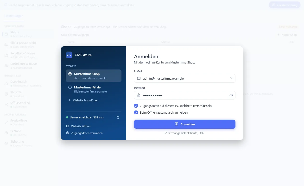 Anmeldung der Shop-Verwaltung mit Auswahl der Website sowie E-Mail und Passwort des Admin-Kontos