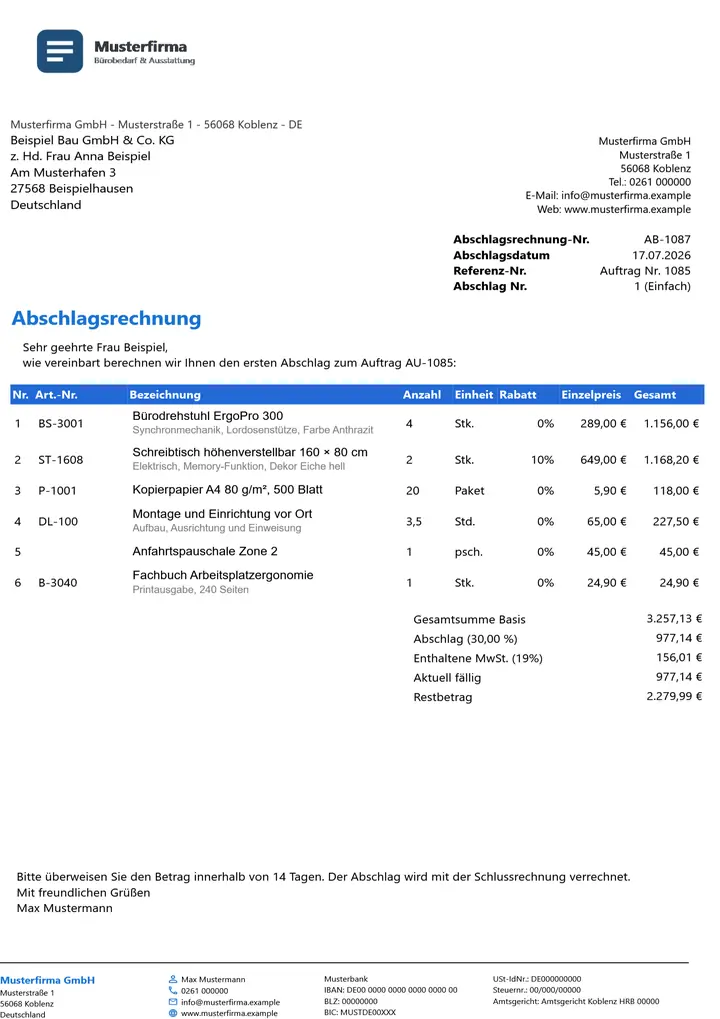 Muster Abschlagsrechnung im Design Business Blau, Seite 1, erzeugt mit OfficeOmni