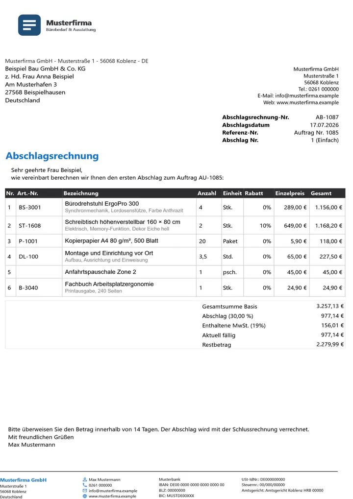 Muster Abschlagsrechnung im Design Dark, Seite 1, erzeugt mit OfficeOmni