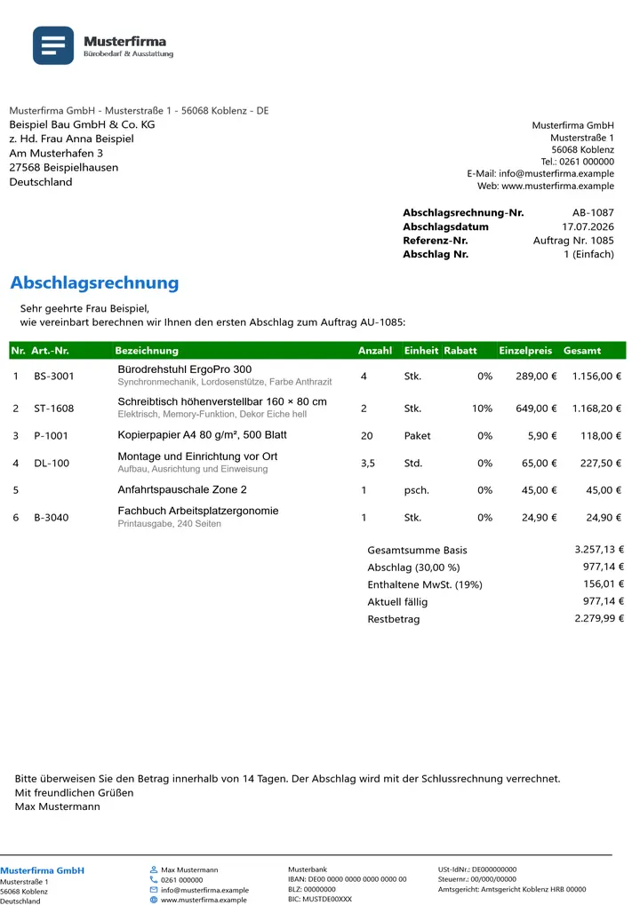 Muster Abschlagsrechnung im Design Green Akzent, Seite 1, erzeugt mit OfficeOmni
