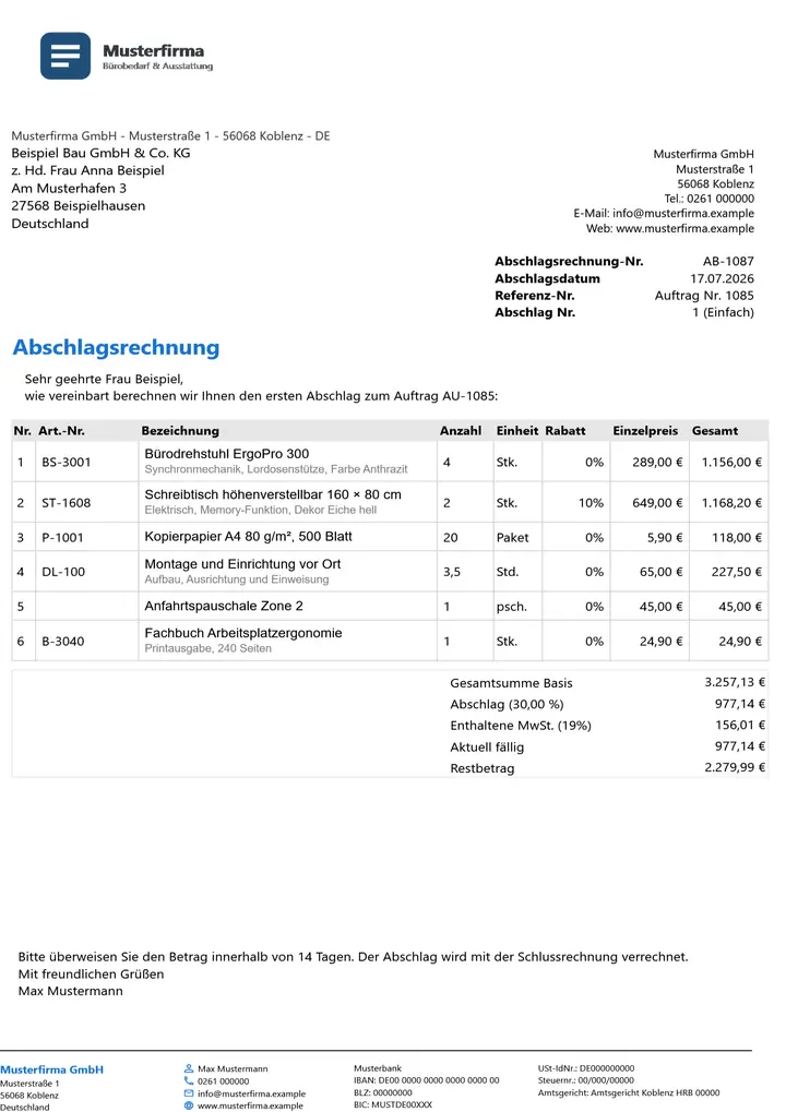 Muster Abschlagsrechnung im Design Minimal Grau, Seite 1, erzeugt mit OfficeOmni