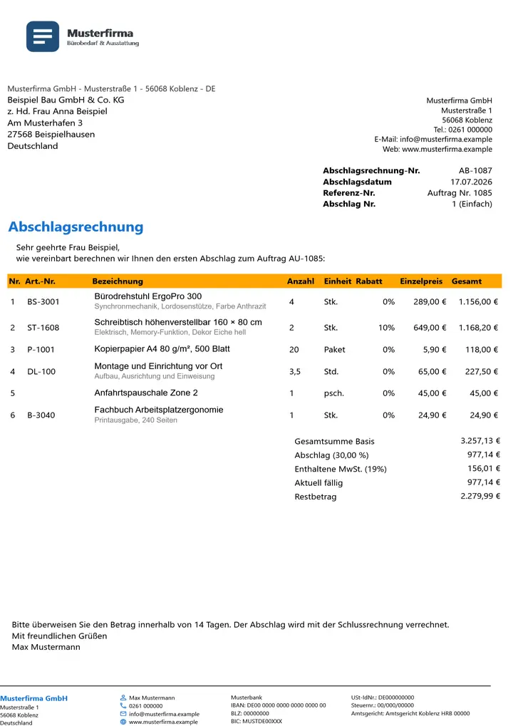 Muster Abschlagsrechnung im Design Orange Akzent, Seite 1, erzeugt mit OfficeOmni