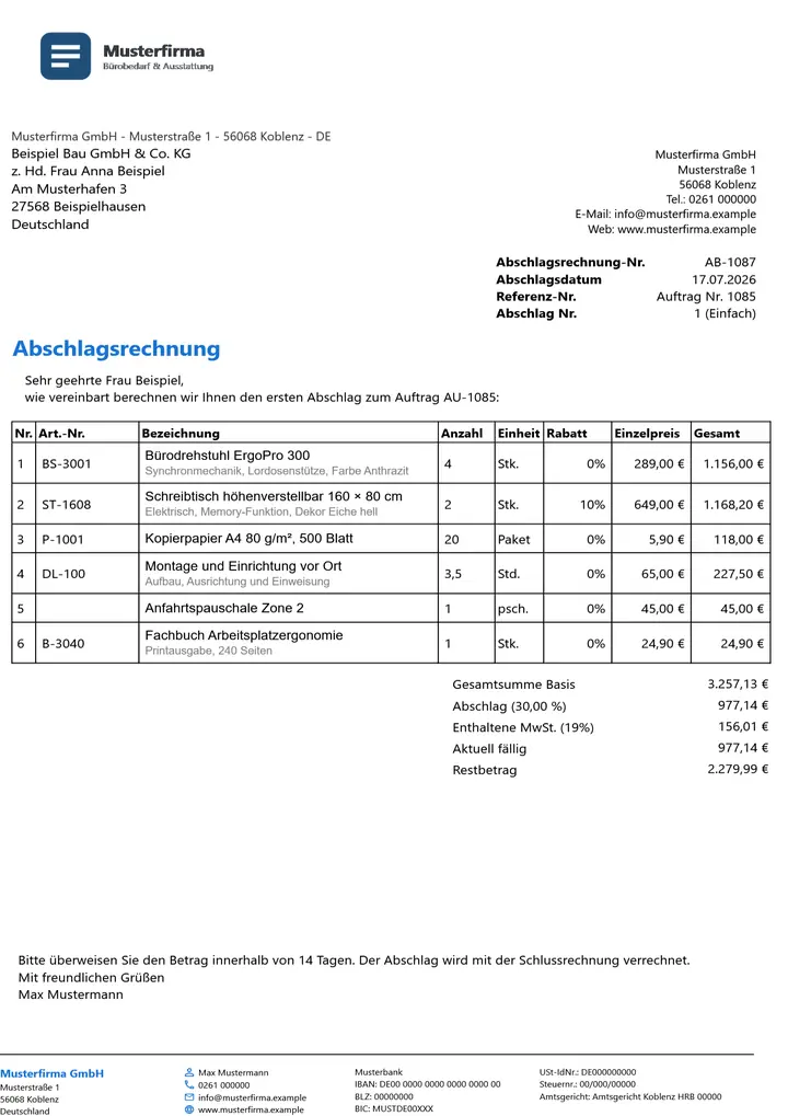 Muster Abschlagsrechnung im Design Standard, Seite 1, erzeugt mit OfficeOmni