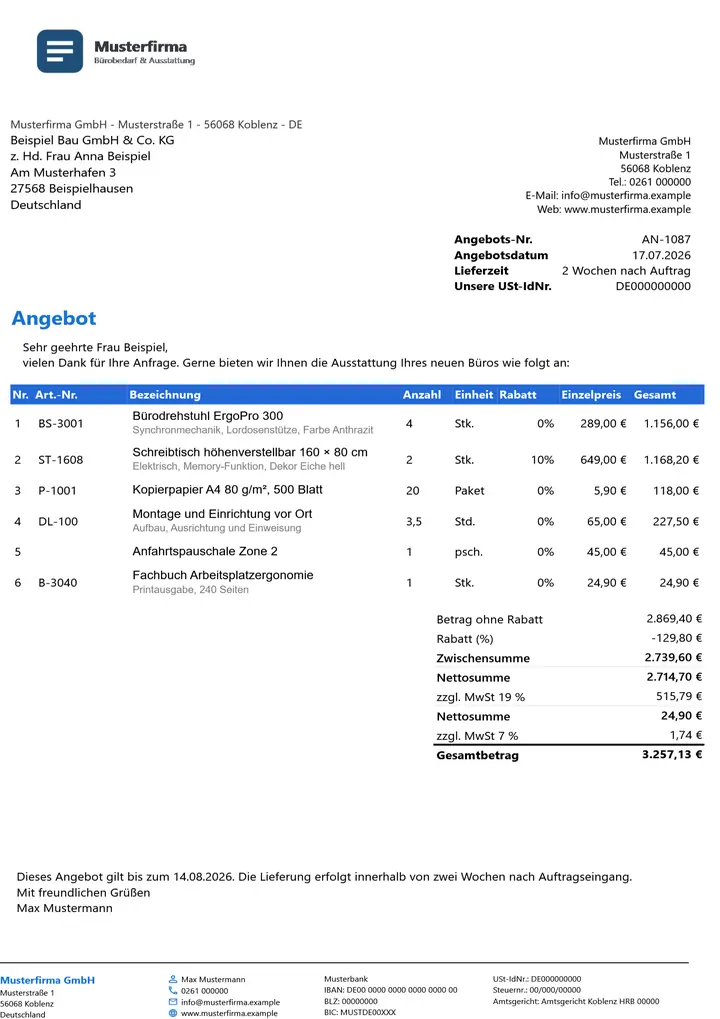 Muster Angebot im Design Business Blau, Seite 1, erzeugt mit OfficeOmni