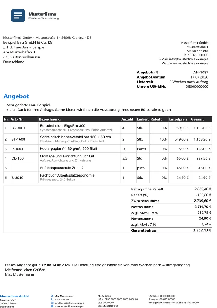 Muster Angebot im Design Dark, Seite 1, erzeugt mit OfficeOmni