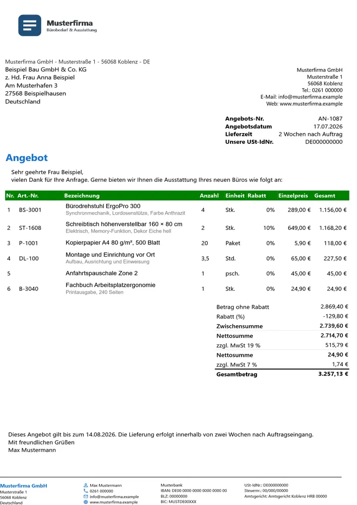 Muster Angebot im Design Green Akzent, Seite 1, erzeugt mit OfficeOmni