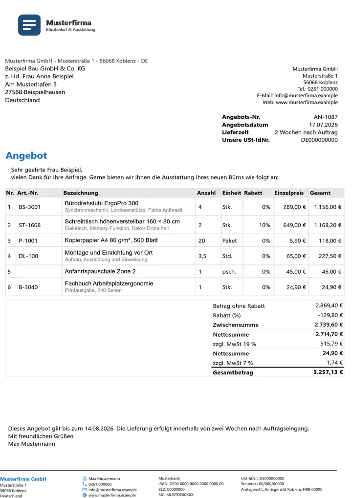 Muster Angebot im Design Minimal Grau, Seite 1, erzeugt mit OfficeOmni