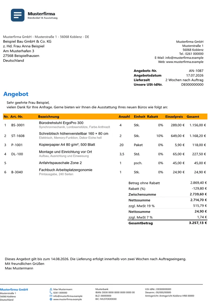 Muster Angebot im Design Orange Akzent, Seite 1, erzeugt mit OfficeOmni