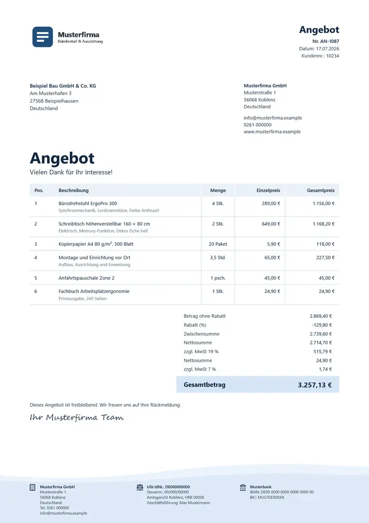 Muster Angebot im Design OfficeOmni Brise, Seite 1, erzeugt mit OfficeOmni