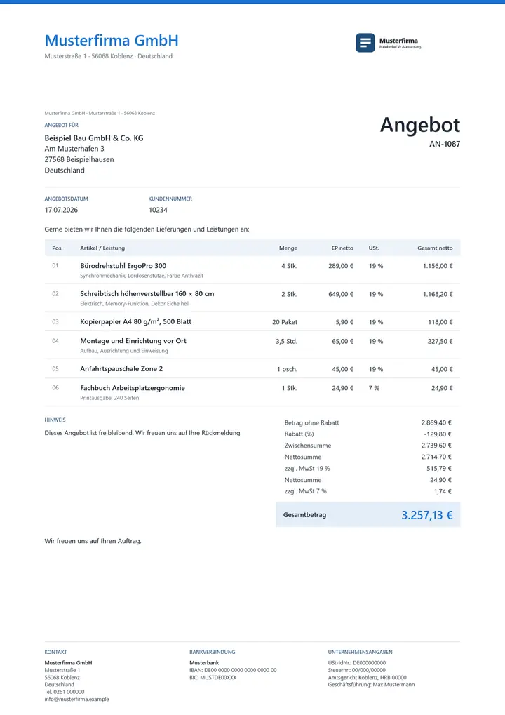Muster Angebot im Design OfficeOmni Kontor, Seite 1, erzeugt mit OfficeOmni
