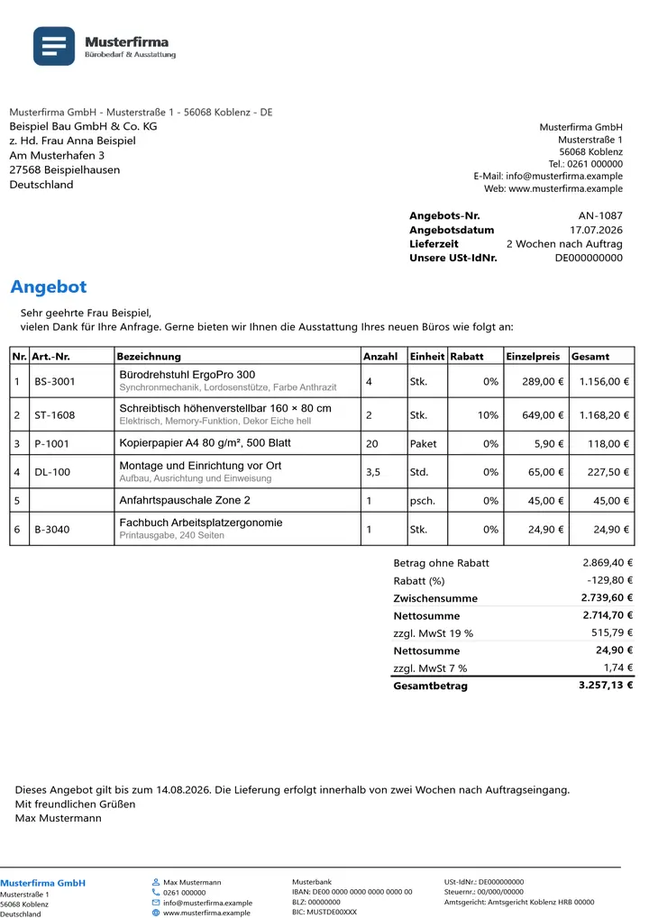 Muster Angebot im Design Standard, Seite 1, erzeugt mit OfficeOmni