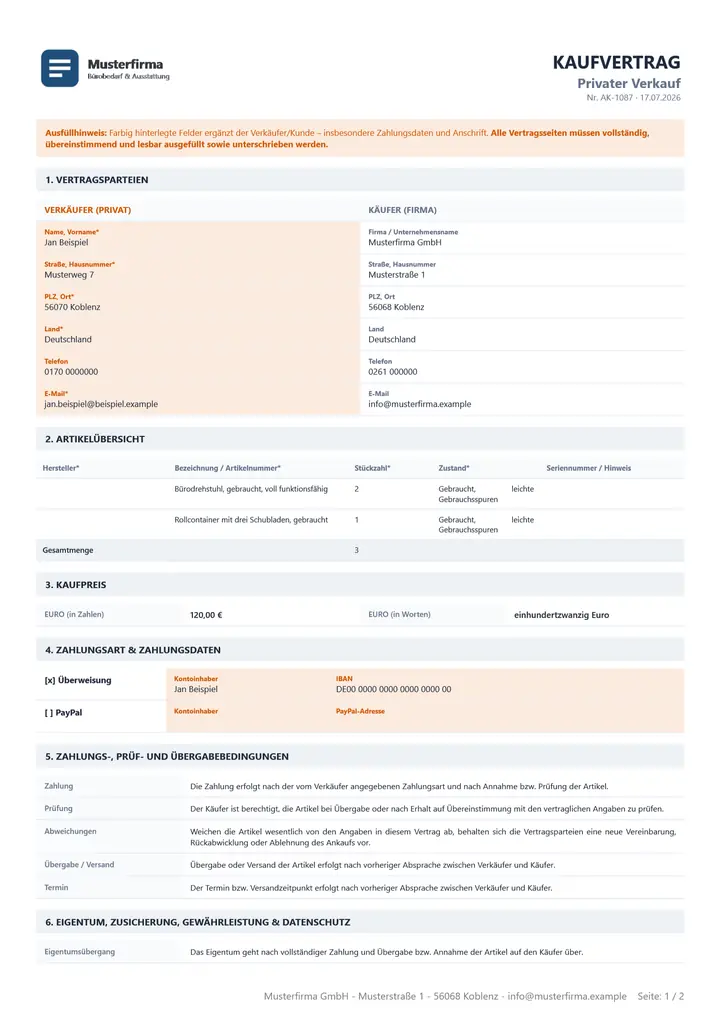 Muster Ankaufsformular im Design Standard, Seite 1, erzeugt mit OfficeOmni
