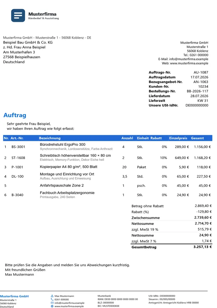Muster Auftrag im Design Business Blau, Seite 1, erzeugt mit OfficeOmni