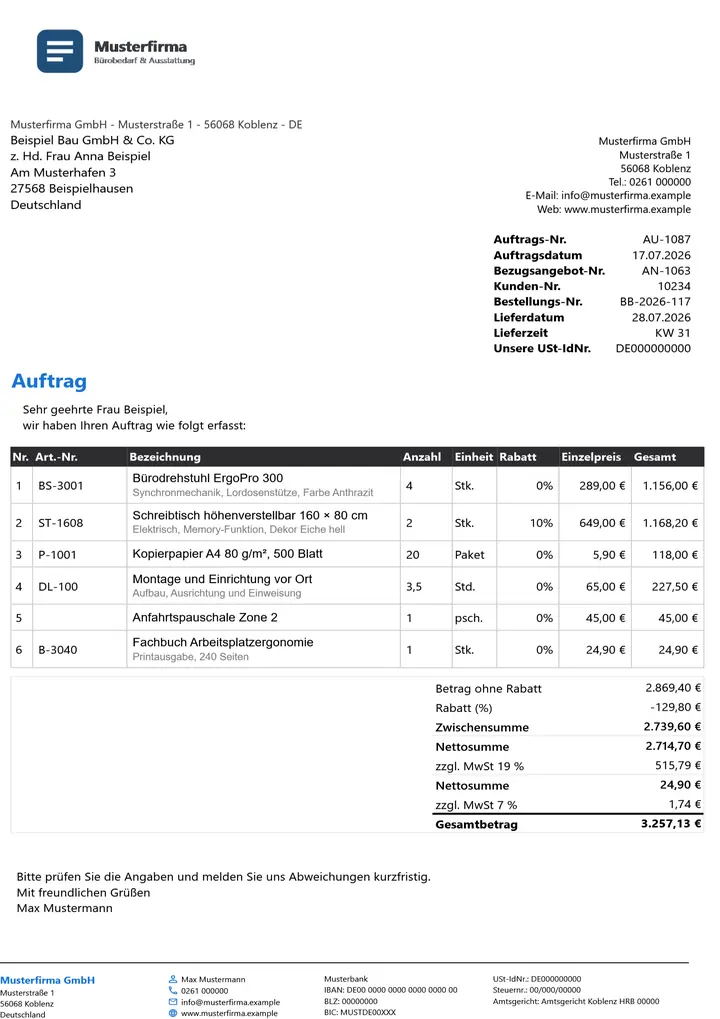 Muster Auftrag im Design Dark, Seite 1, erzeugt mit OfficeOmni