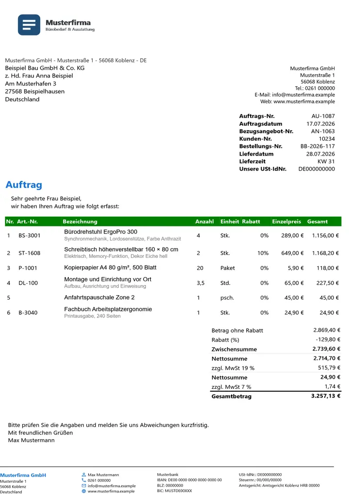 Muster Auftrag im Design Green Akzent, Seite 1, erzeugt mit OfficeOmni