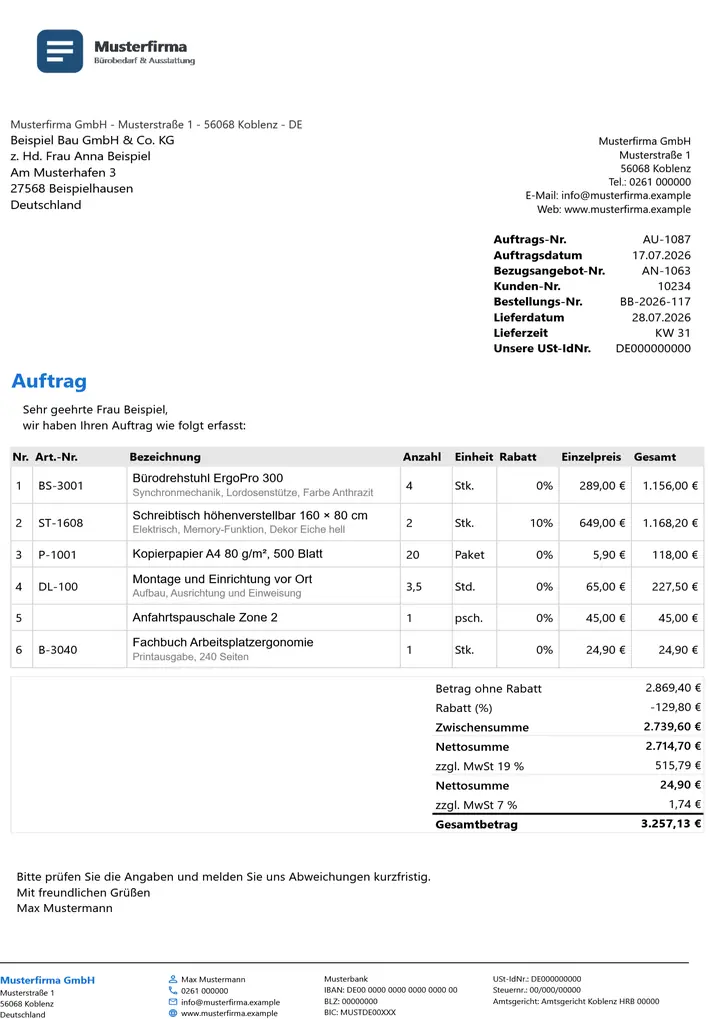 Muster Auftrag im Design Minimal Grau, Seite 1, erzeugt mit OfficeOmni