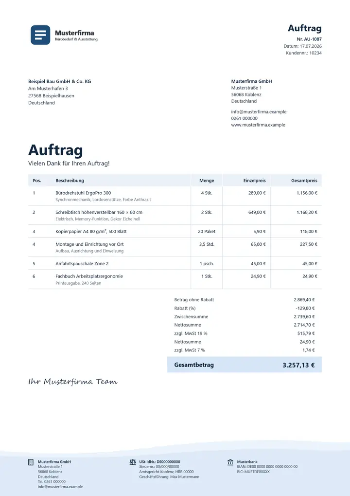 Muster Auftrag im Design OfficeOmni Brise, Seite 1, erzeugt mit OfficeOmni