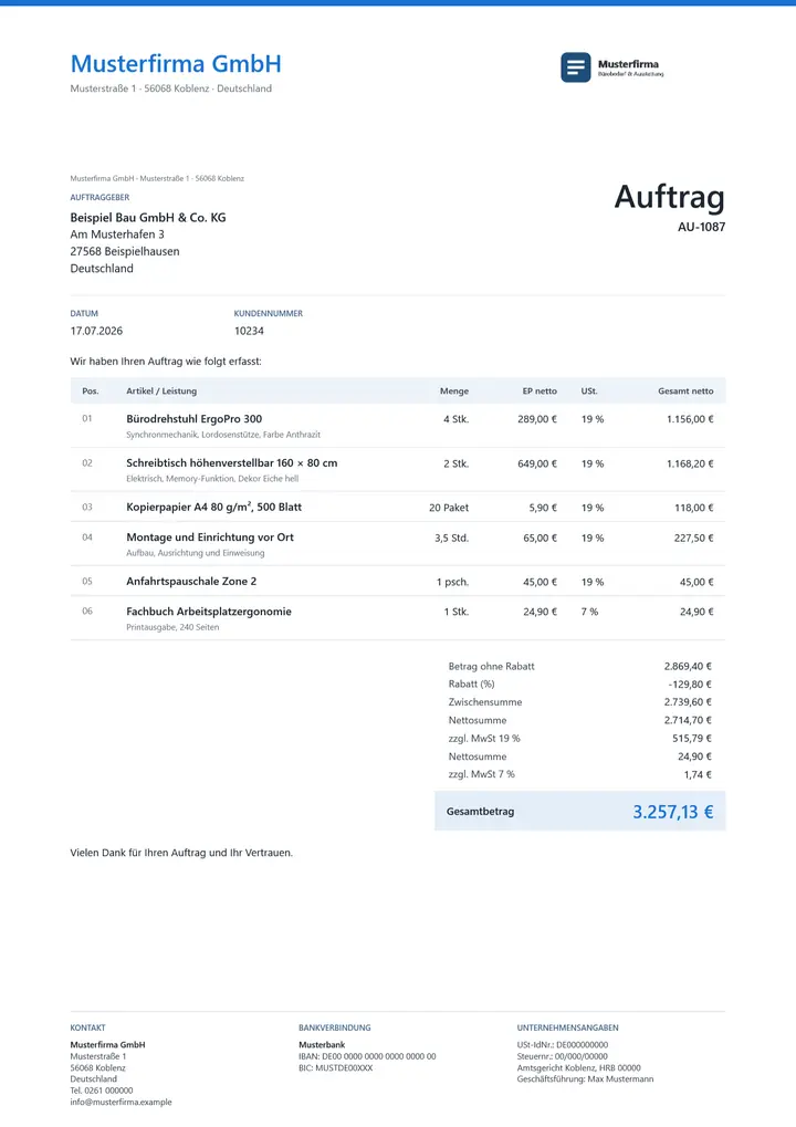 Muster Auftrag im Design OfficeOmni Kontor, Seite 1, erzeugt mit OfficeOmni