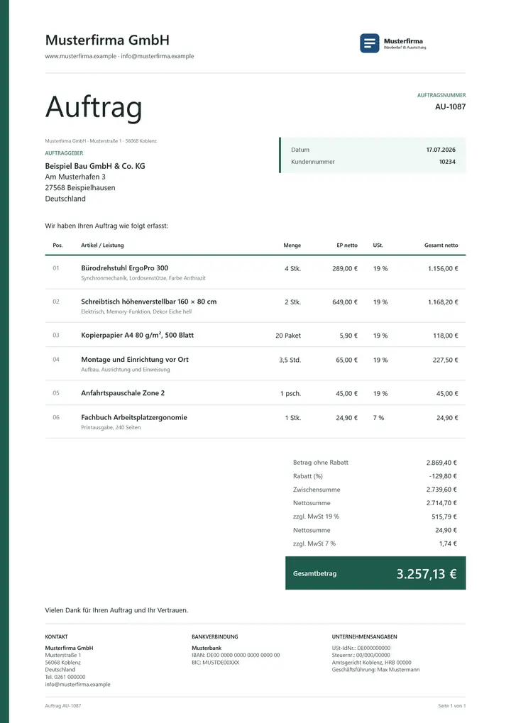 Muster Auftrag im Design OfficeOmni Linie, Seite 1, erzeugt mit OfficeOmni