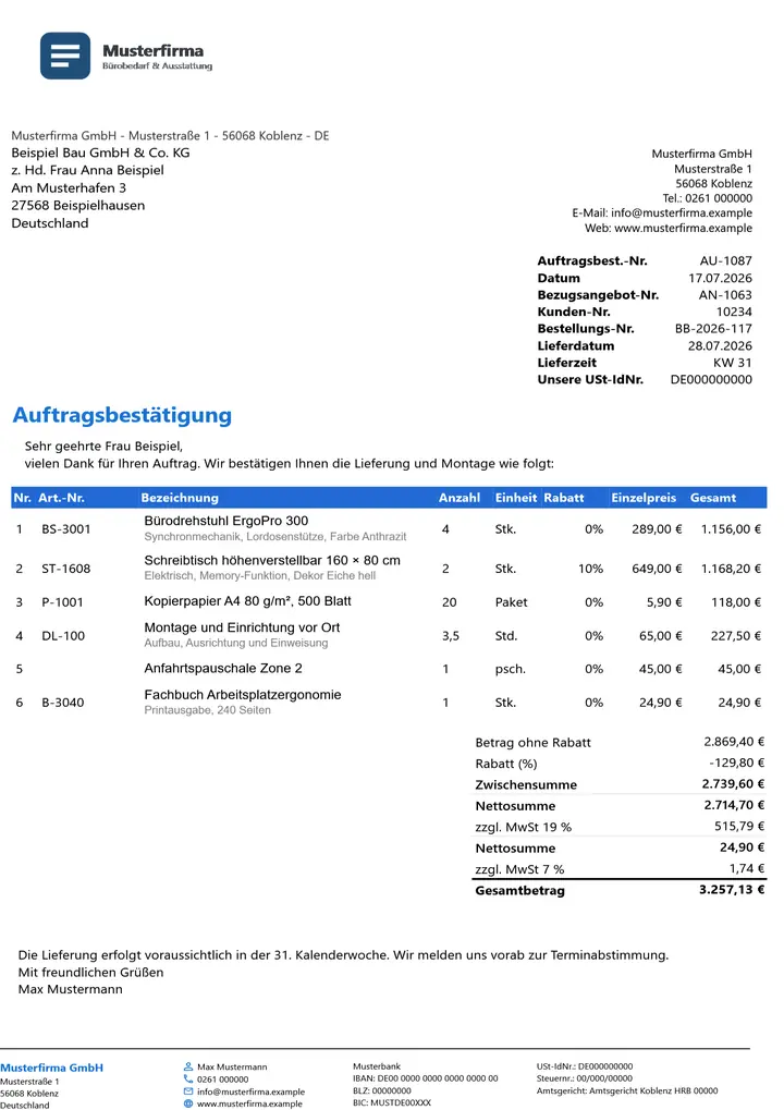 Muster Auftragsbestätigung im Design Business Blau, Seite 1, erzeugt mit OfficeOmni