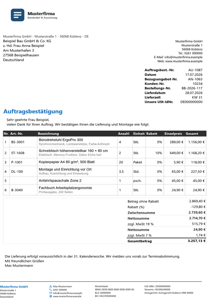 Muster Auftragsbestätigung im Design Dark, Seite 1, erzeugt mit OfficeOmni