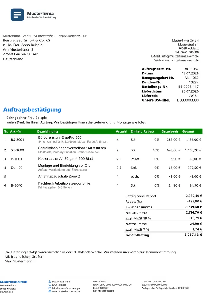 Muster Auftragsbestätigung im Design Green Akzent, Seite 1, erzeugt mit OfficeOmni