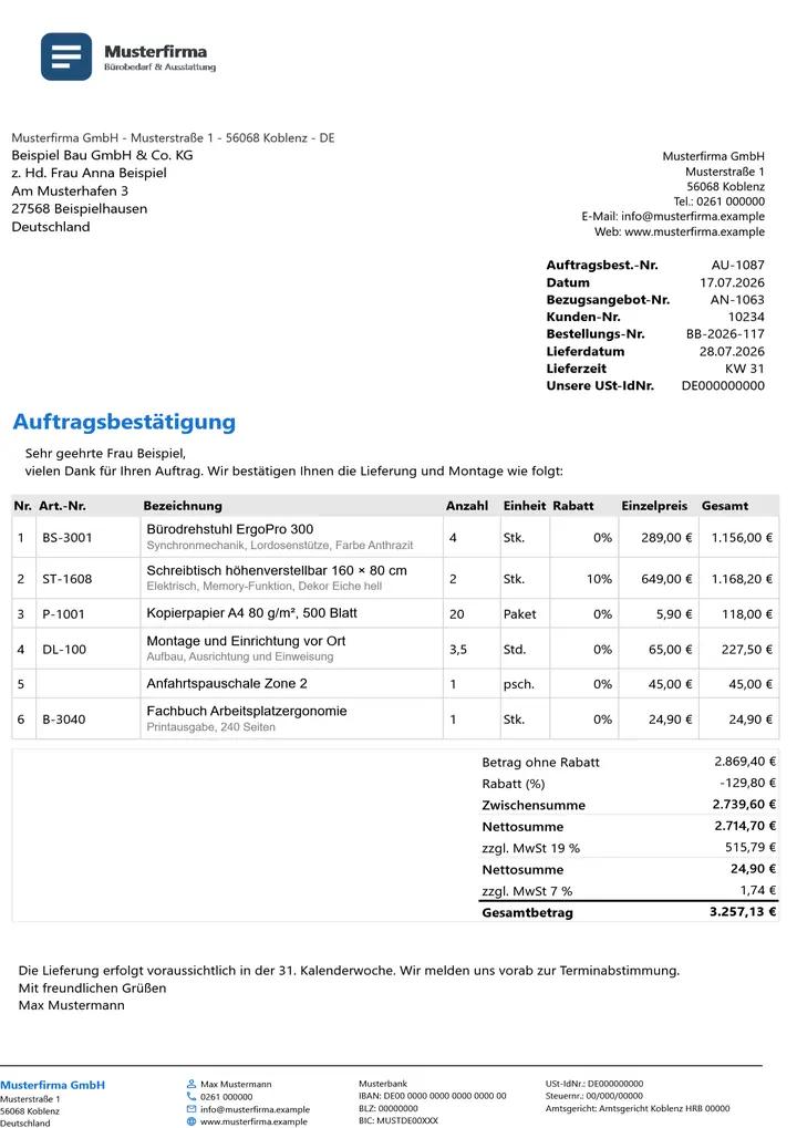 Muster Auftragsbestätigung im Design Minimal Grau, Seite 1, erzeugt mit OfficeOmni