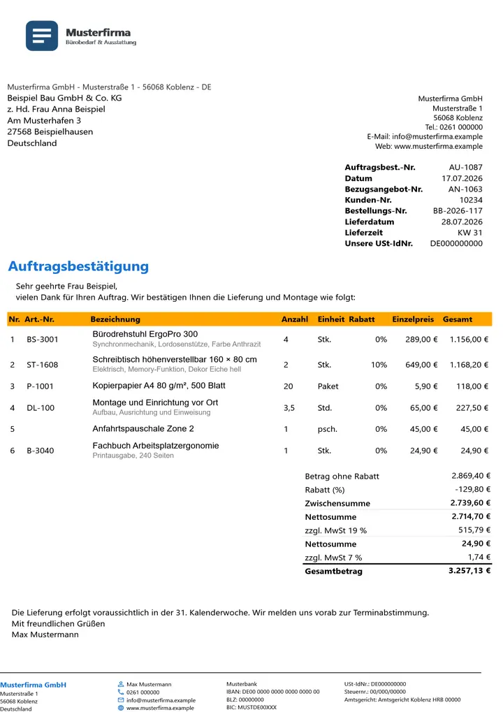 Muster Auftragsbestätigung im Design Orange Akzent, Seite 1, erzeugt mit OfficeOmni