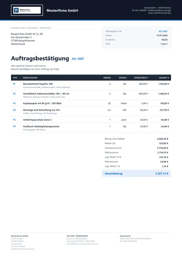 Muster Auftragsbestätigung im Design OfficeOmni Premium-Belegdesign, Seite 1, erzeugt mit OfficeOmni