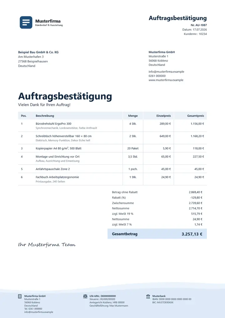 Muster Auftragsbestätigung im Design OfficeOmni Brise, Seite 1, erzeugt mit OfficeOmni