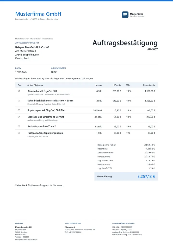 Muster Auftragsbestätigung im Design OfficeOmni Kontor, Seite 1, erzeugt mit OfficeOmni