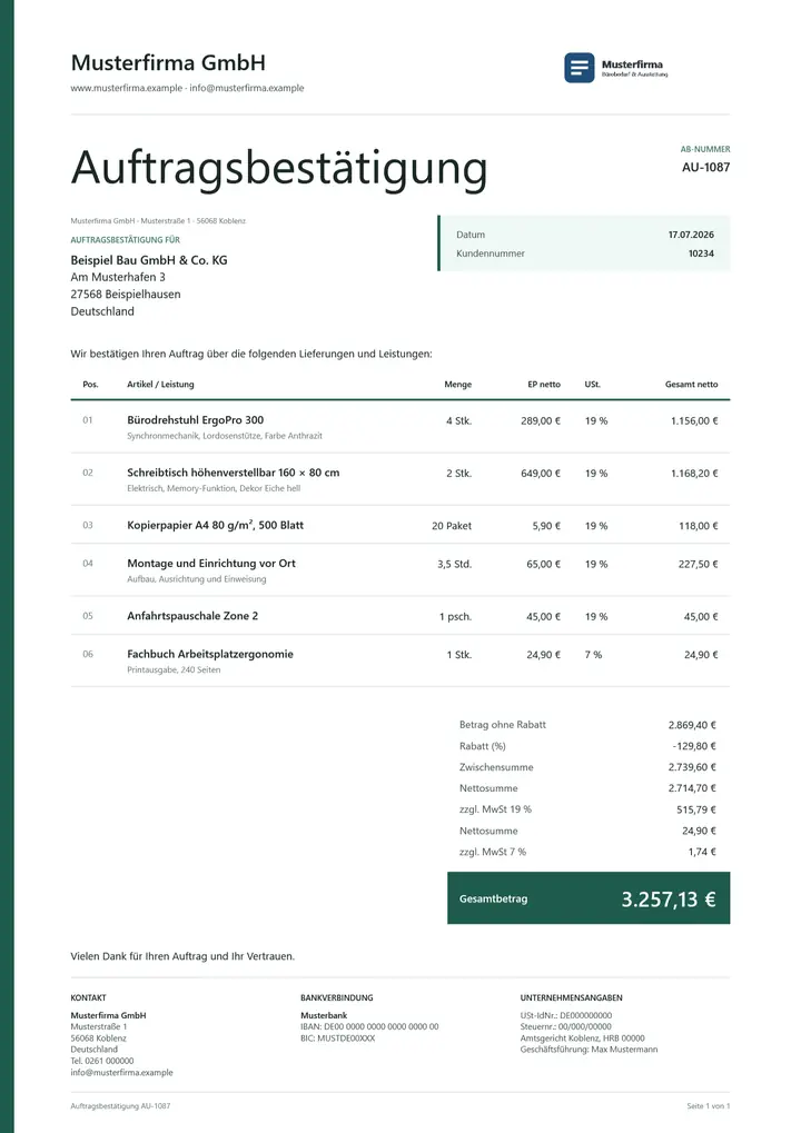 Muster Auftragsbestätigung im Design OfficeOmni Linie, Seite 1, erzeugt mit OfficeOmni
