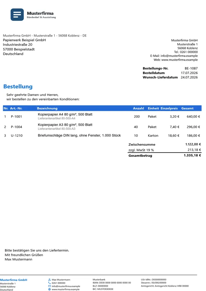 Muster Bestellung im Design Business Blau, Seite 1, erzeugt mit OfficeOmni