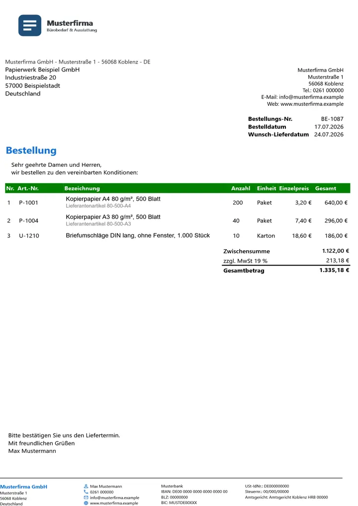 Muster Bestellung im Design Green Akzent, Seite 1, erzeugt mit OfficeOmni