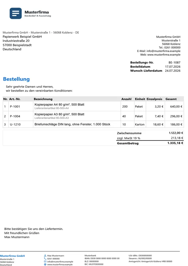 Muster Bestellung im Design Minimal Grau, Seite 1, erzeugt mit OfficeOmni