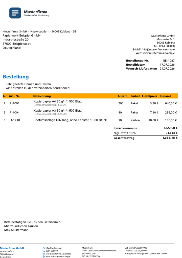 Muster Bestellung im Design Orange Akzent, Seite 1, erzeugt mit OfficeOmni