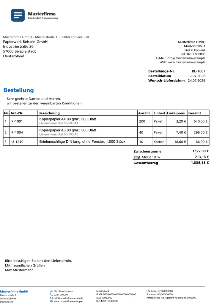 Muster Bestellung im Design Standard, Seite 1, erzeugt mit OfficeOmni