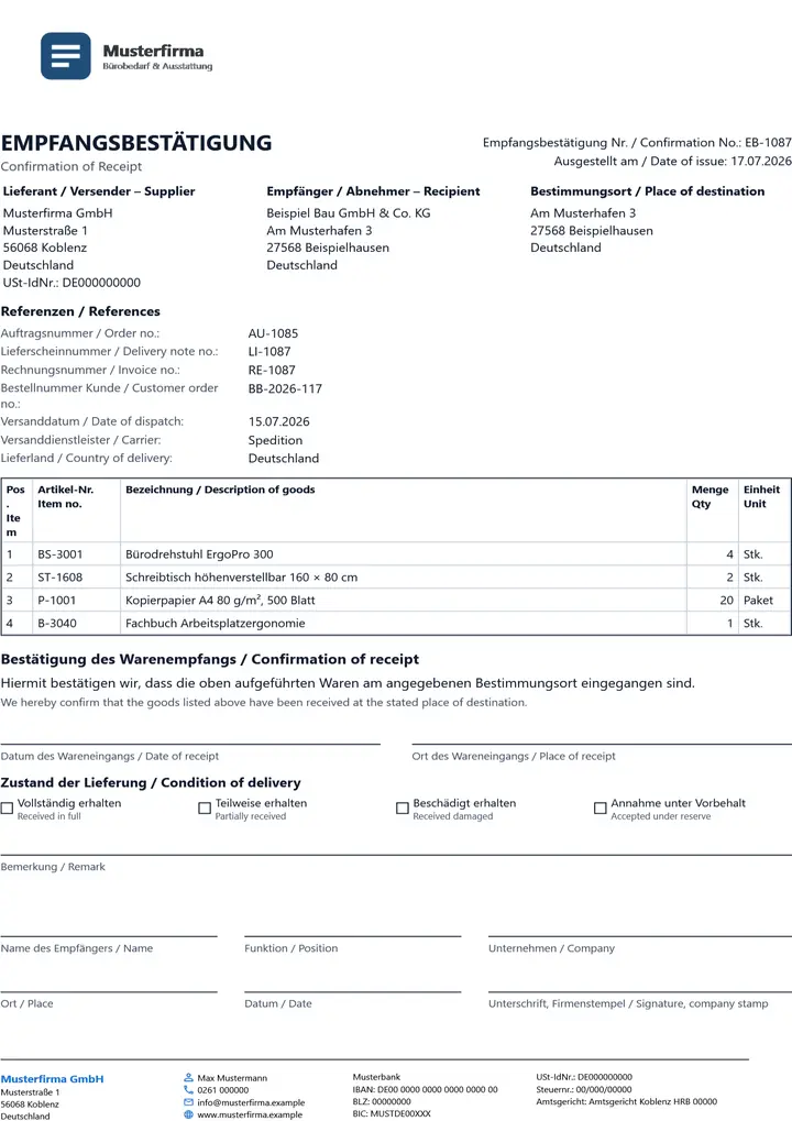 Muster Empfangsbestätigung im Design Standard, Seite 1, erzeugt mit OfficeOmni