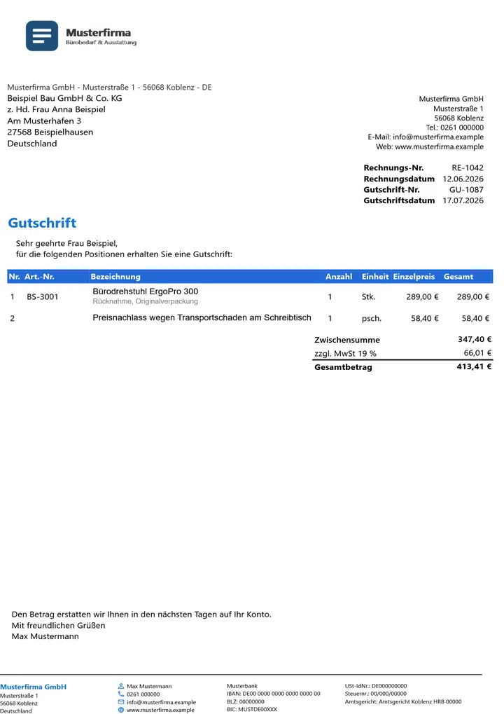 Muster Gutschrift im Design Business Blau, Seite 1, erzeugt mit OfficeOmni