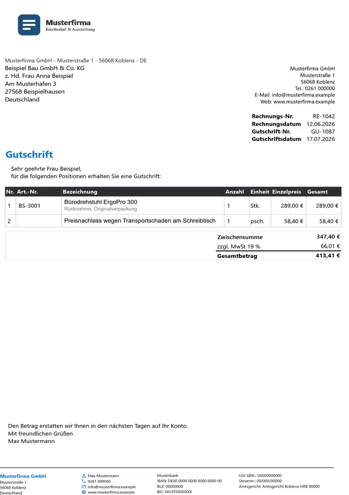 Muster Gutschrift im Design Dark, Seite 1, erzeugt mit OfficeOmni