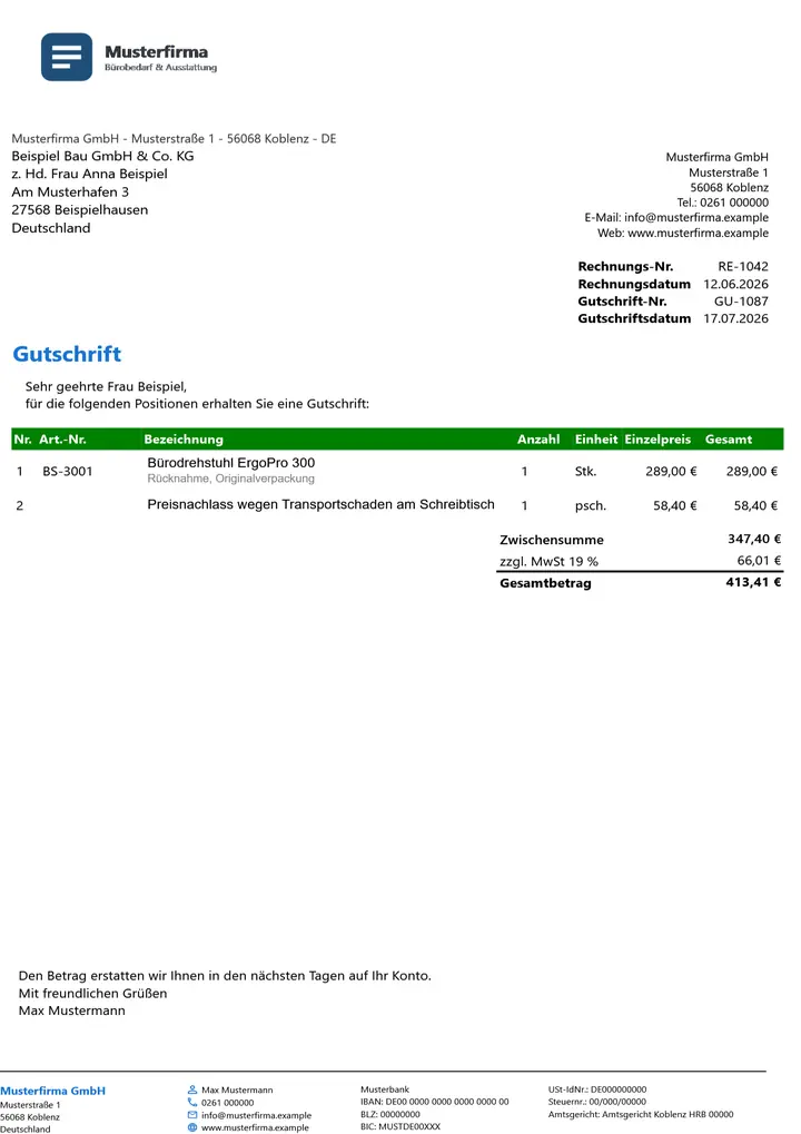 Muster Gutschrift im Design Green Akzent, Seite 1, erzeugt mit OfficeOmni