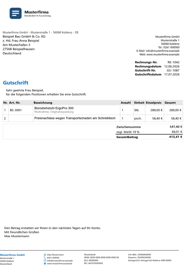 Muster Gutschrift im Design Minimal Grau, Seite 1, erzeugt mit OfficeOmni