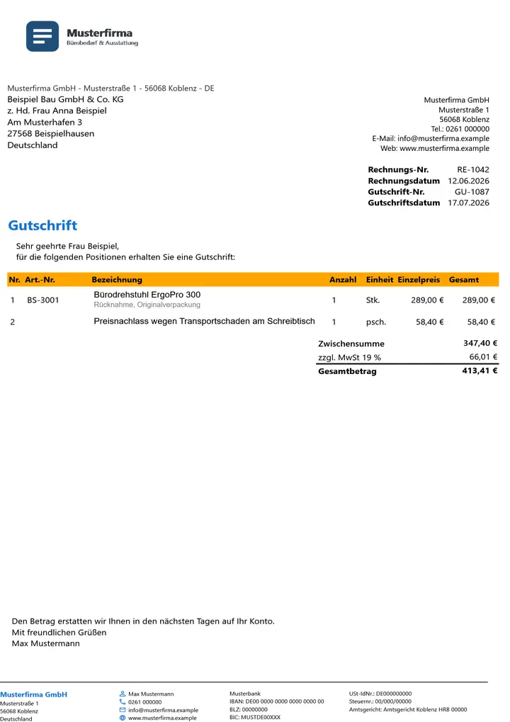 Muster Gutschrift im Design Orange Akzent, Seite 1, erzeugt mit OfficeOmni