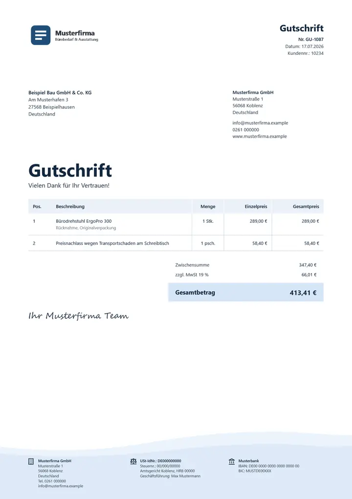 Muster Gutschrift im Design OfficeOmni Brise, Seite 1, erzeugt mit OfficeOmni